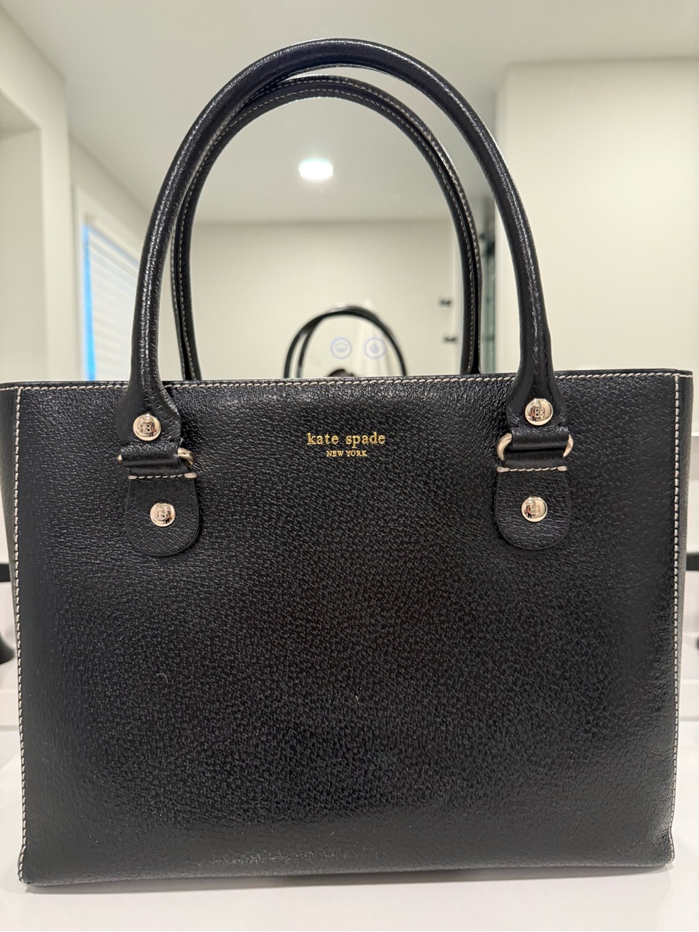 kate spade Black Pebbled Leather Tote with Gold Logo
